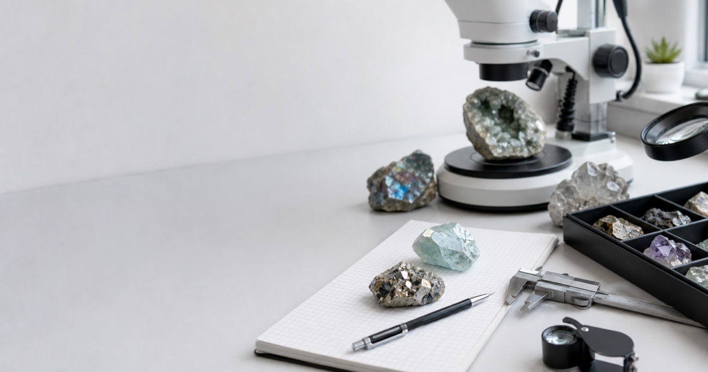 Mineral specimens arranged on a laboratory-style research bench with calipers and observation tools.